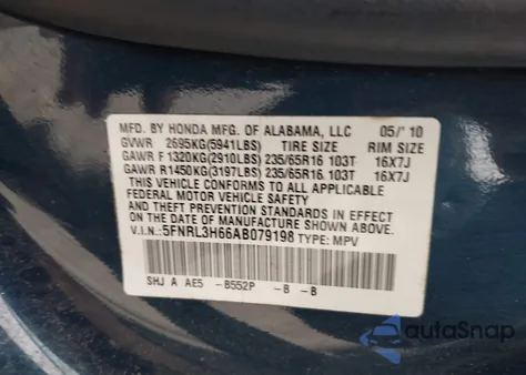2010 Honda Odyssey Ex-L z USA, uszkodzony, nr VIN 5FNRL3H66AB079198